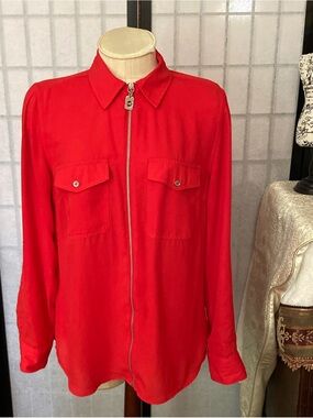 Michael Kors Women 8 Red Front Zip Blouse Dual Flap Pockets Roll Tab Sleeves